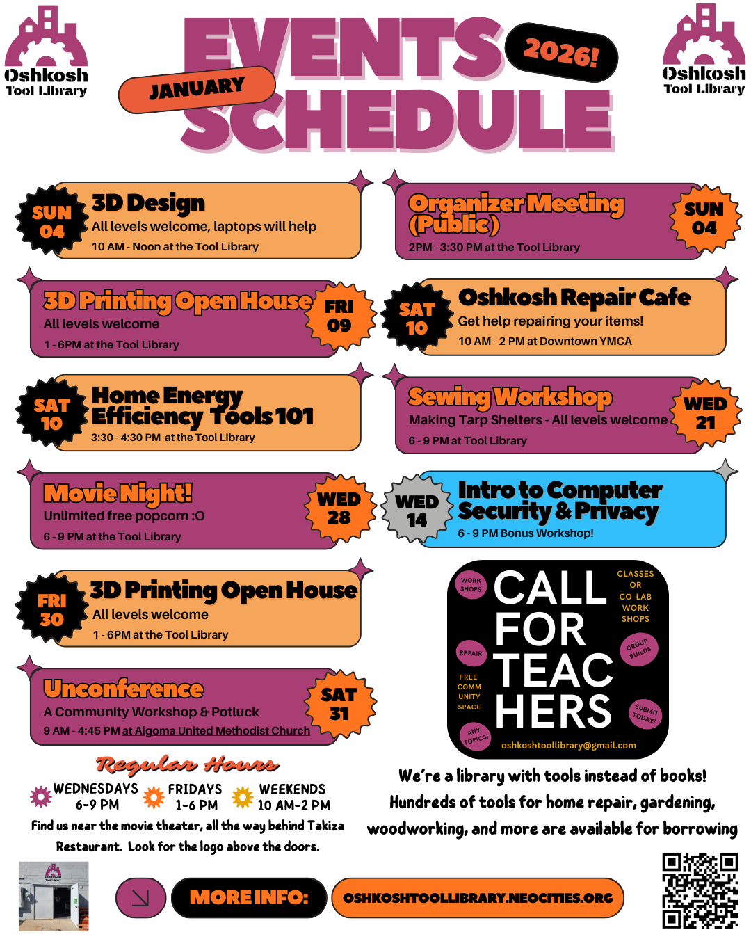 Poster of Oshkosh Tool Library January 2026 Events and Workshops